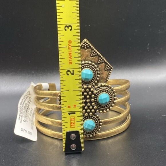 Signed Lucky Brand Bracelet Turquoise Elements Large Cuff Gold Tone NWT Western - Picture 12 of 12
